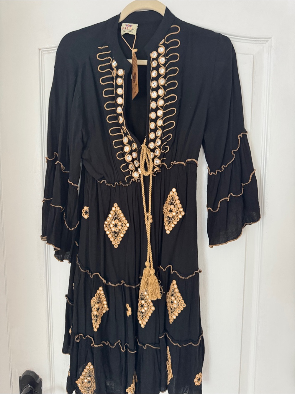 Boho Black Long-Sleeve Midi Dress with Gold Embroidery